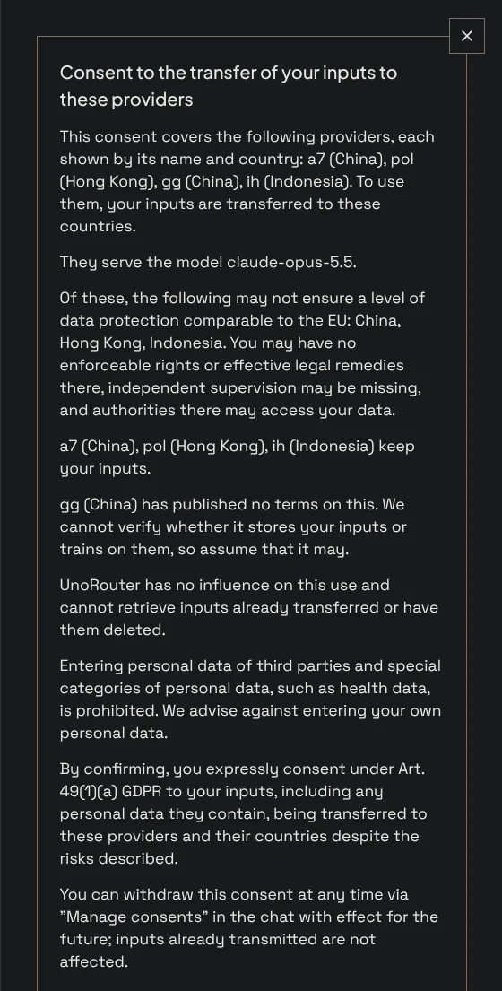 Consent dialog naming the providers, their countries, the risks and what they do with inputs