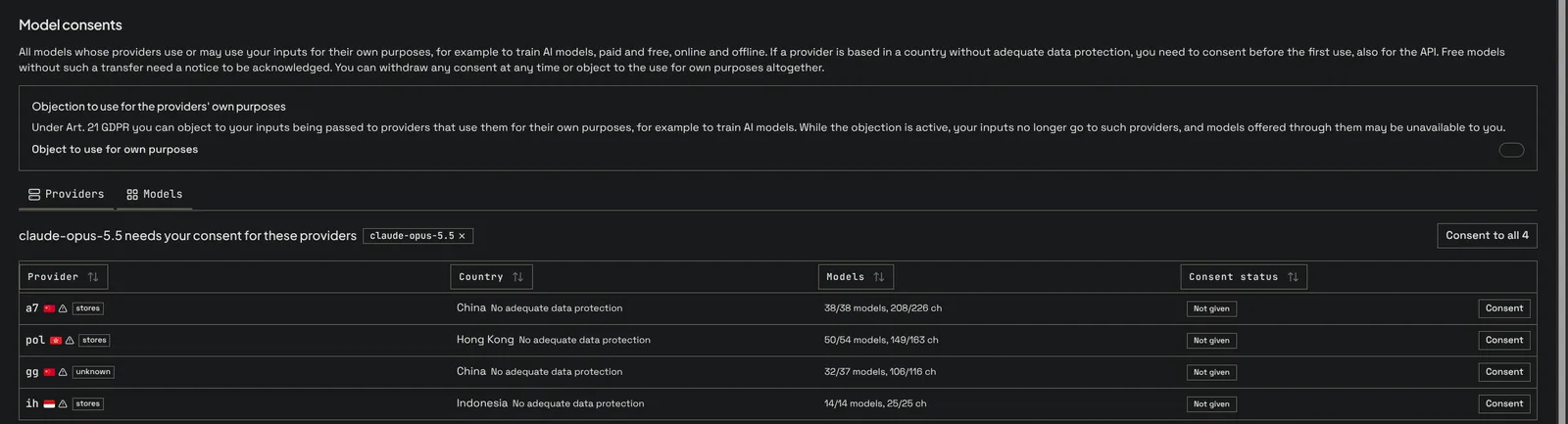 Consent view for one model with the providers it still needs and the Consent to all button